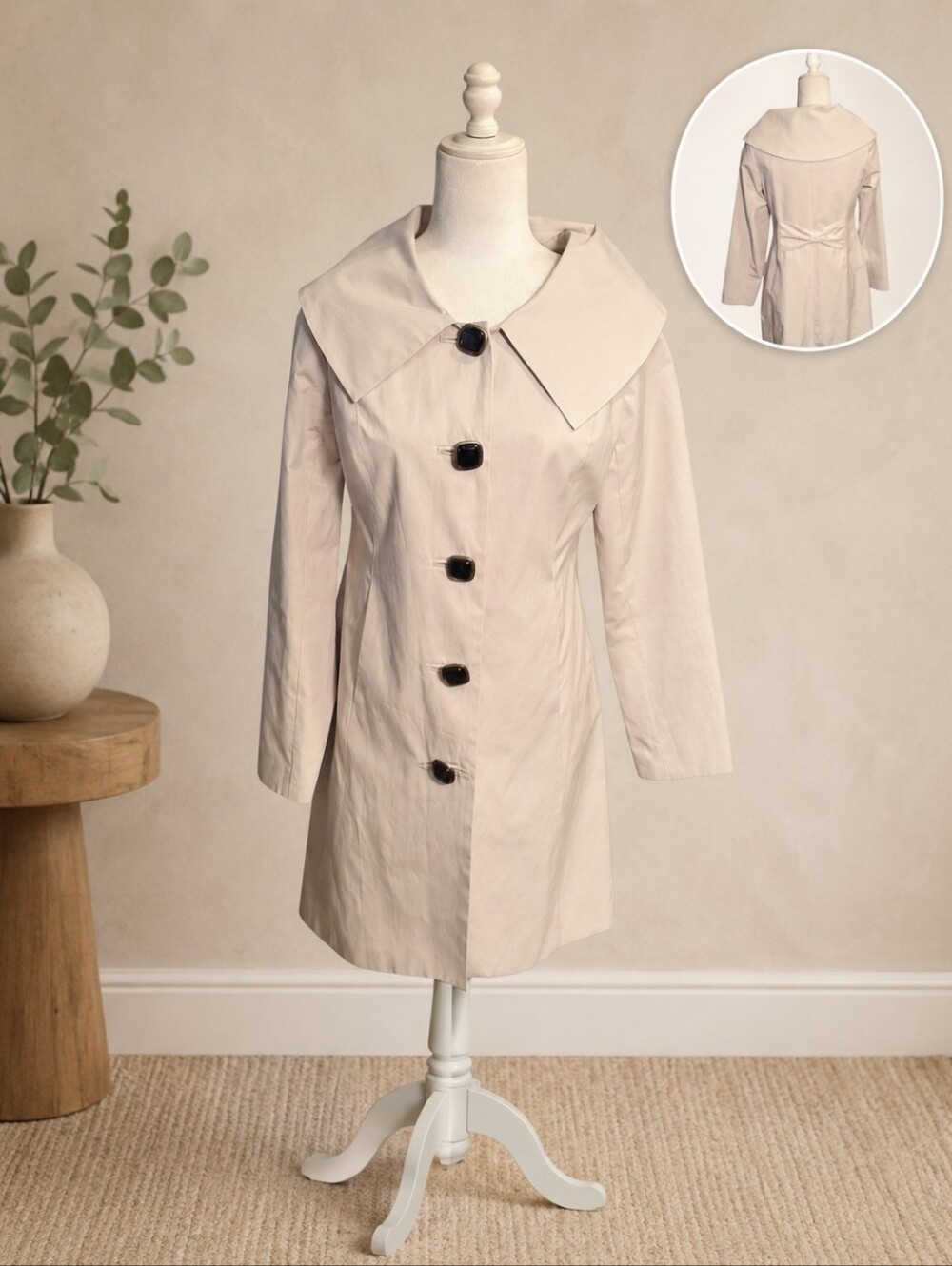Trench Coat Cream Classic Designer Chic Bow Back Old Money Tailored Sz S